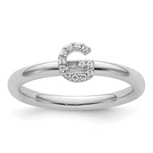 14K white gold stackable diamond initial G ring featuring sparkling diamonds, designed for elegant jewelry wear.