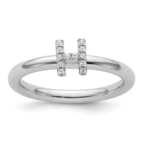 14K white gold stackable diamond initial H ring featuring small diamonds, elegant jewelry ring from Solomon Jewelers.