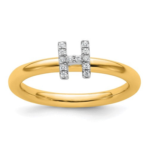 14K gold stackable diamond initial H ring from Solomon Jewelers, featuring a sleek design with sparkling diamonds.