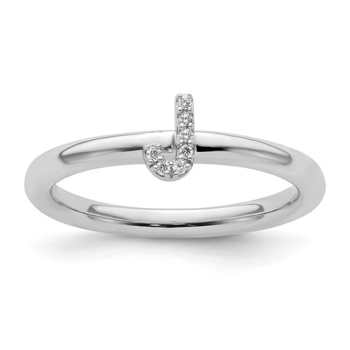 14K white gold stackable diamond initial J ring with sparkling diamonds, crafted by Solomon Jewelers, perfect for personalized jewelry.