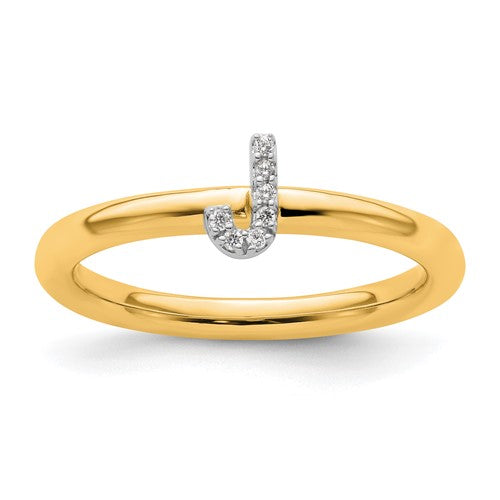 14K gold stackable diamond initial J ring from Solomon Jewelers, featuring a sleek design with sparkling diamonds.