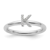 14K white gold stackable diamond initial K ring, elegant jewelry piece with sparkling diamonds and personalized initial design.