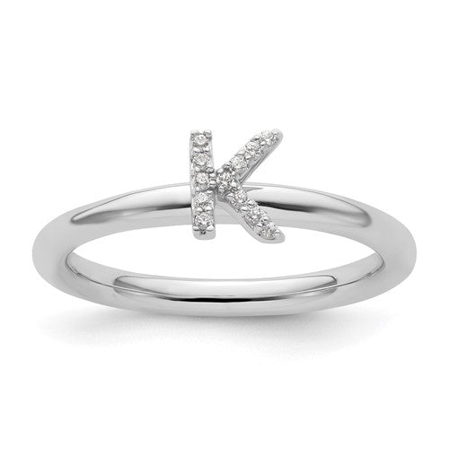 14K white gold stackable diamond initial K ring, elegant jewelry piece with sparkling diamonds and personalized initial design.