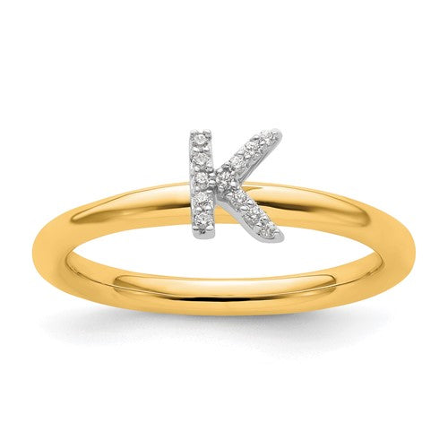 14K gold stackable diamond initial K ring, elegant jewelry with sparkling diamonds, designed by Solomon Jewelers.
