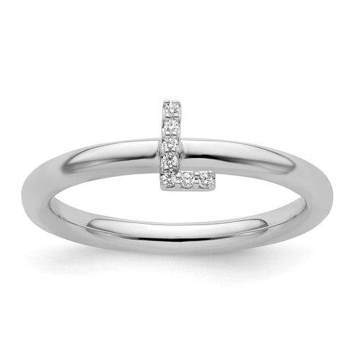 14K white gold stackable diamond initial L ring, featuring sparkling diamonds and a sleek, elegant design.