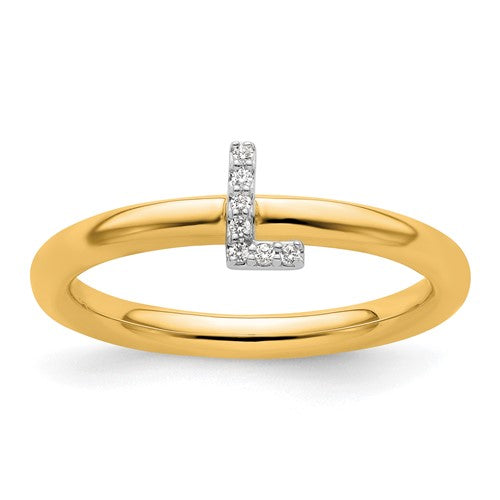 14K gold stackable diamond initial L ring from Solomon Jewelers, featuring a sleek design with sparkling diamonds on a polished band.