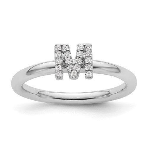 14K white gold stackable diamond initial M ring featuring sparkling diamonds, crafted by Solomon Jewelers.
