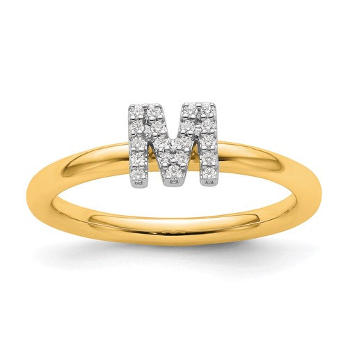 14K gold stackable diamond initial M ring from Solomon Jewelers, features a sleek design with sparkling diamonds.