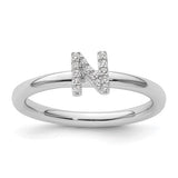 14K white gold stackable diamond initial N ring showcasing a sleek design with sparkling diamonds for elegant jewelry.
