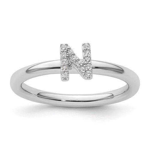 14K white gold stackable diamond initial N ring showcasing a sleek design with sparkling diamonds for elegant jewelry.
