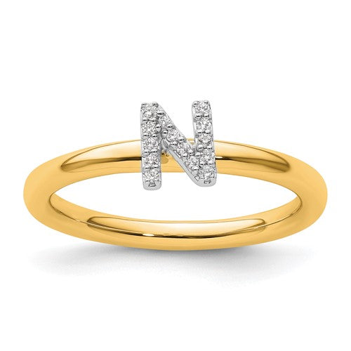 14K gold stackable diamond initial N ring from Solomon Jewelers, featuring a sleek design with sparkling diamonds.
