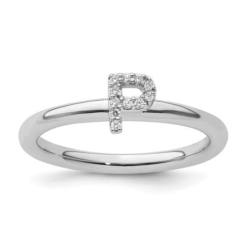 14K white gold stackable diamond initial P ring from Solomon Jewelers, featuring a sleek design with sparkling diamonds.