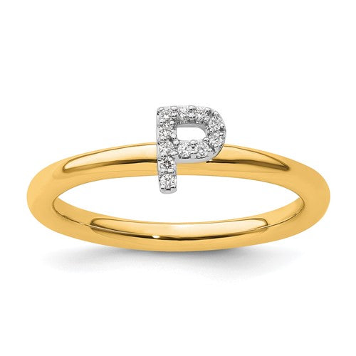 14K gold stackable diamond initial P ring from Solomon Jewelers, featuring a sleek design with sparkling diamonds on the band.
