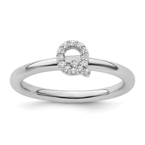 14K white gold stackable diamond initial Q ring from Solomon Jewelers, featuring a sparkling diamond-accented letter design.