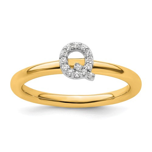 14K gold stackable diamond initial Q ring, elegant jewelry with sparkling diamonds and a personalized initial design.