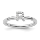 14K white gold stackable diamond initial R ring showcasing sparkling diamonds and sleek design from Solomon Jewelers.