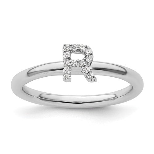 14K white gold stackable diamond initial R ring showcasing sparkling diamonds and sleek design from Solomon Jewelers.