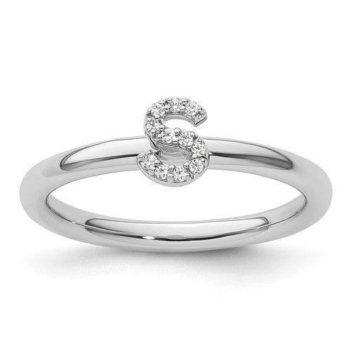 14K white gold stackable diamond initial S ring, elegant jewelry with sparkling diamonds and sleek design.