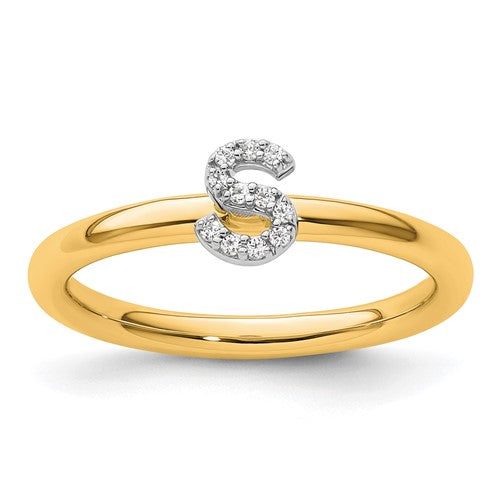 14K gold stackable diamond initial S ring from Solomon Jewelers, featuring a sleek design with sparkling diamonds.
