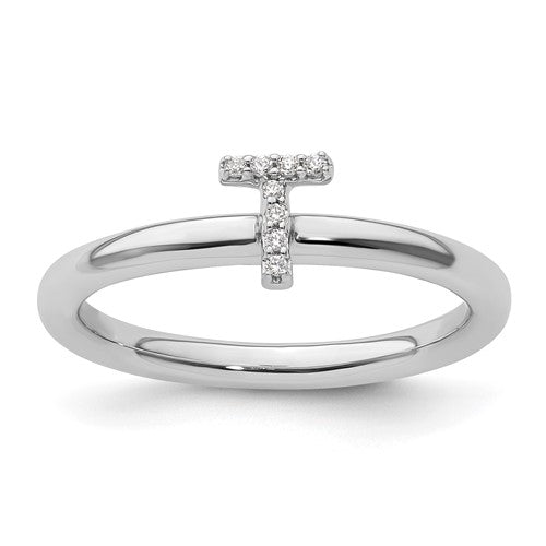 14K white gold stackable diamond initial T ring featuring sparkling diamonds, ideal for elegant jewelry collection.