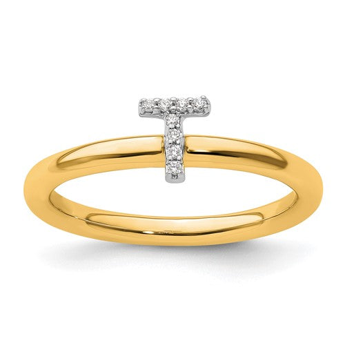 14K gold stackable initial T diamond ring from Solomon Jewelers, featuring sparkling diamonds on a sleek jewelry ring.