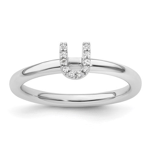 14K white gold stackable diamond initial U ring featuring small diamonds and a sleek design, perfect for everyday jewelry.