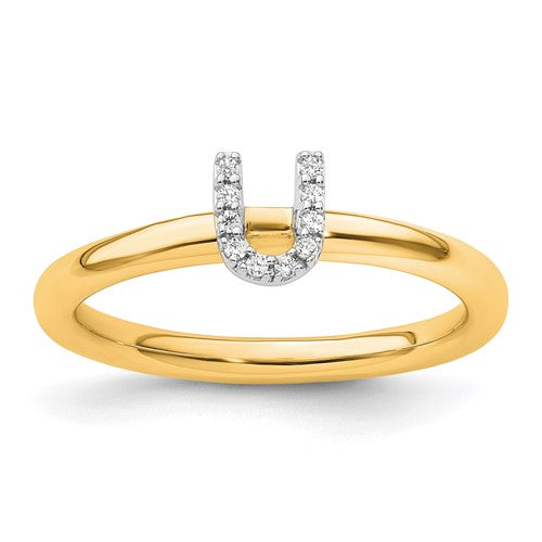 14K gold stackable diamond initial U ring from Solomon Jewelers, featuring a sparkling diamond accent and sleek design.