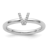 14K white gold stackable diamond initial V ring with sparkling diamonds, stylish jewelry piece.