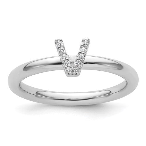 14K white gold stackable diamond initial V ring with sparkling diamonds, stylish jewelry piece.