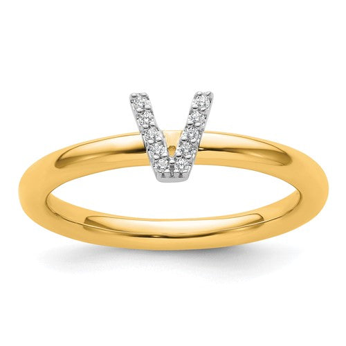 14K gold stackable diamond initial V ring with sparkling diamonds, designed by Solomon Jewelers.