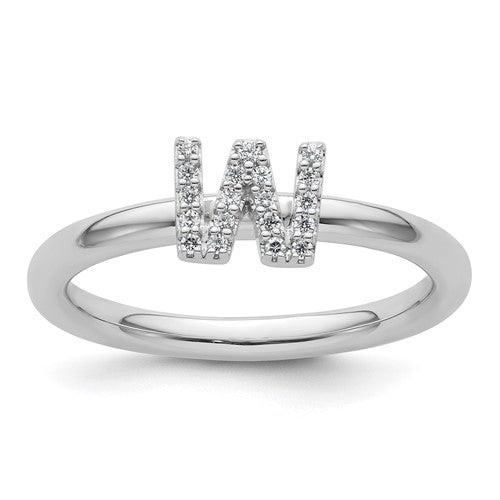 14K white gold stackable diamond initial W ring, Solomon Jewelers jewelry featuring sparkling diamonds and sleek design.