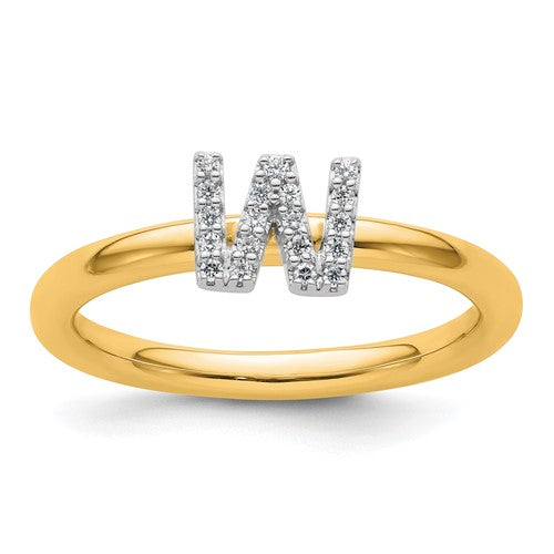 14K gold stackable diamond initial W ring from Solomon Jewelers, featuring a sleek design with sparkling diamonds.