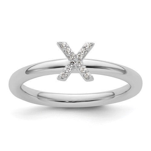 14K white gold stackable diamond initial X ring from Solomon Jewelers, featuring sparkling diamonds and a sleek, modern design.