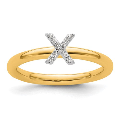 14K gold stackable diamond initial X ring, elegant jewelry piece with sparkling diamonds and personalized design.
