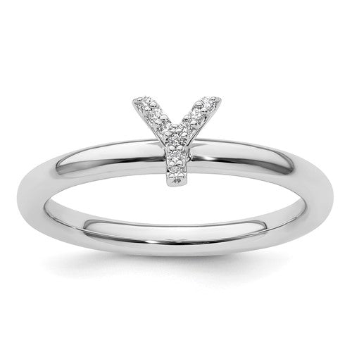 14K white gold stackable diamond initial Y ring featuring sparkling diamonds, perfect for elegant jewelry collection.