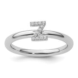 14K white gold stackable initial Z diamond ring with small diamonds, crafted by Solomon Jewelers, featuring a sleek, elegant design.