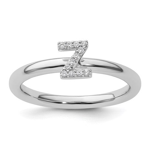 14K white gold stackable initial Z diamond ring with small diamonds, crafted by Solomon Jewelers, featuring a sleek, elegant design.