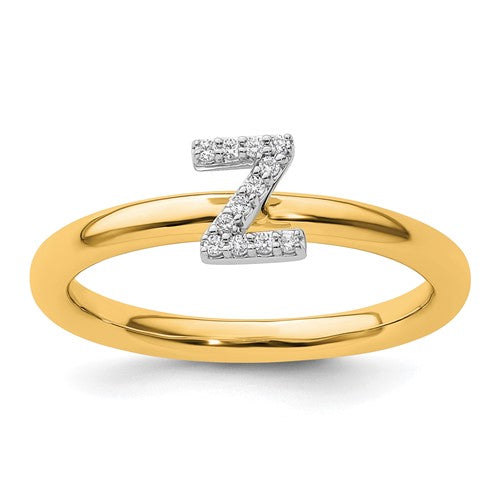 14K gold stackable diamond initial Z ring with sparkling diamonds, elegant jewelry piece for women.