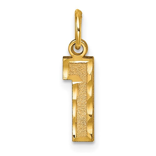 14k gold small brushed number 1 charm with diamond-cut design, perfect for jewelry pendants and charms.