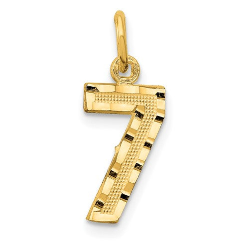 14k gold pendant with a brushed diamond-cut number 7 charm, featuring a sleek design and fine craftsmanship.