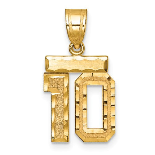 14k gold small brushed diamond-cut number 10 charm pendant with intricate detailing, ideal for jewelry embellishments.