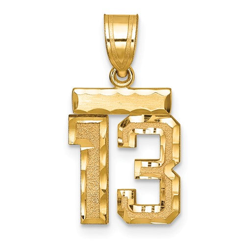 14k gold small brushed diamond-cut number 13 charm pendant displaying a sleek, stylish design for jewelry accessories.