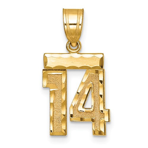 14k gold pendant charm featuring a brushed finish and diamond-cut number 14 design, perfect for jewelry or charm collection.