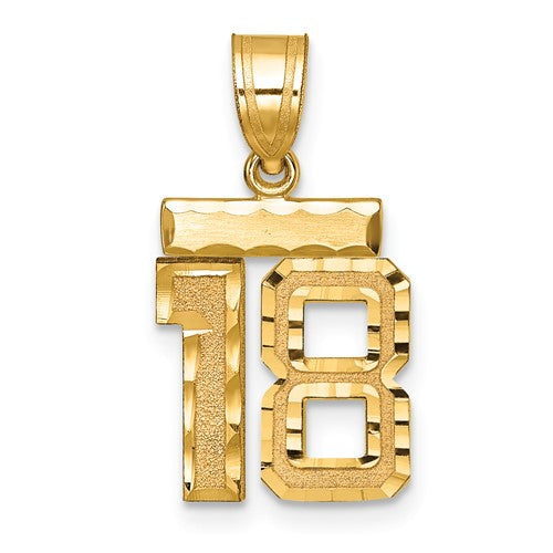 14k gold small brushed diamond-cut number 18 charm pendant, perfect for jewelry and bracelet embellishments.