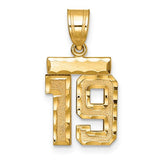 14k gold small brushed diamond-cut number 19 charm pendant, jewelry accessory with engraved detail from Solomon Jewelers