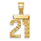 14k gold pendant with a brushed finish and diamond-cut number 21 charm, perfect for jewelry and necklace adornment.