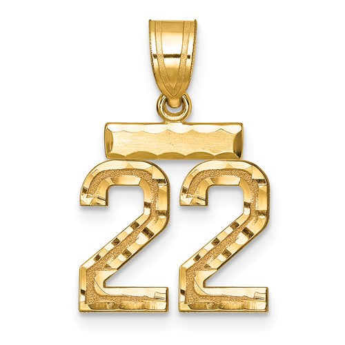 14k gold small brushed diamond-cut number 22 charm pendant with detailed craftsmanship and shiny finish.