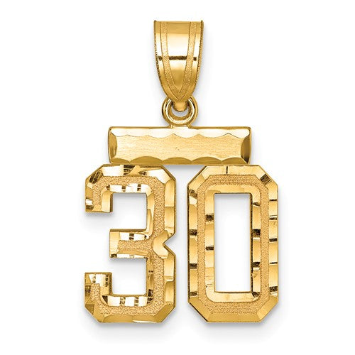 14k gold pendant with a brushed finish and diamond-cut number 30 charm, crafted by Solomon Jewelers.