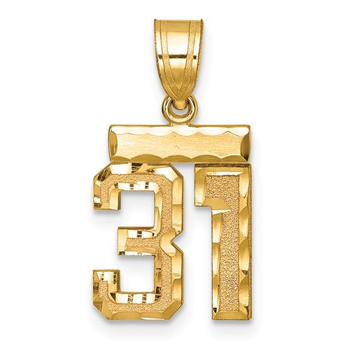 14k gold small brushed diamond-cut number 31 charm pendant from Solomon Jewelers, featuring a sleek gold finish and detailed number design.