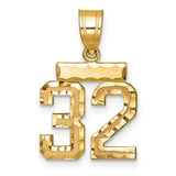 14k gold small brushed number 32 charm with diamond-cut details, ideal for pendants and jewelry charms.